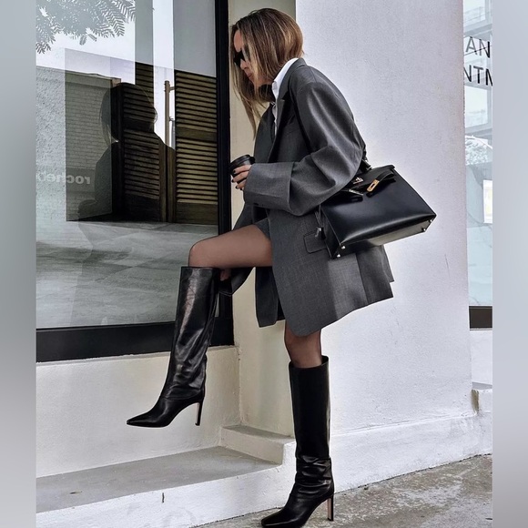 Black Knee High Kitten Heel Boots